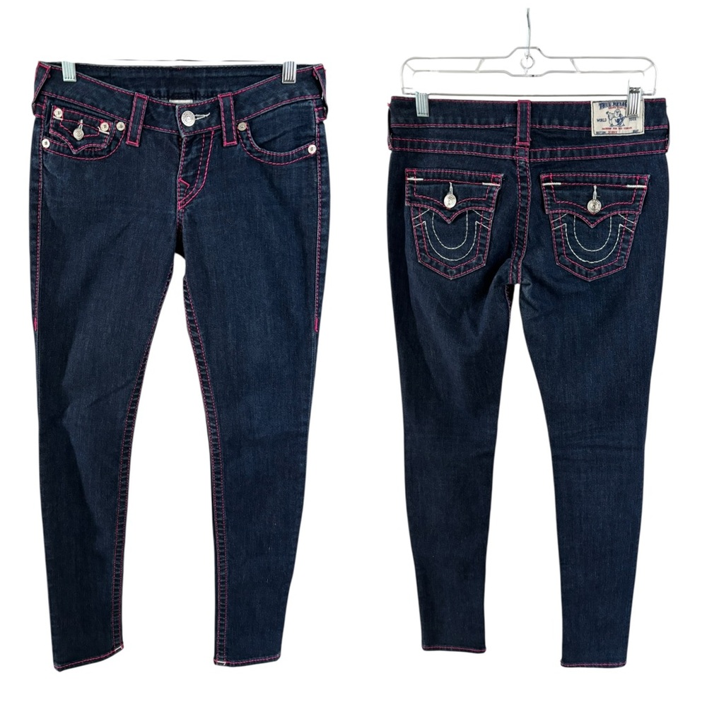 True Religion Dark Wash Jeans with Pink Contrast Stitching